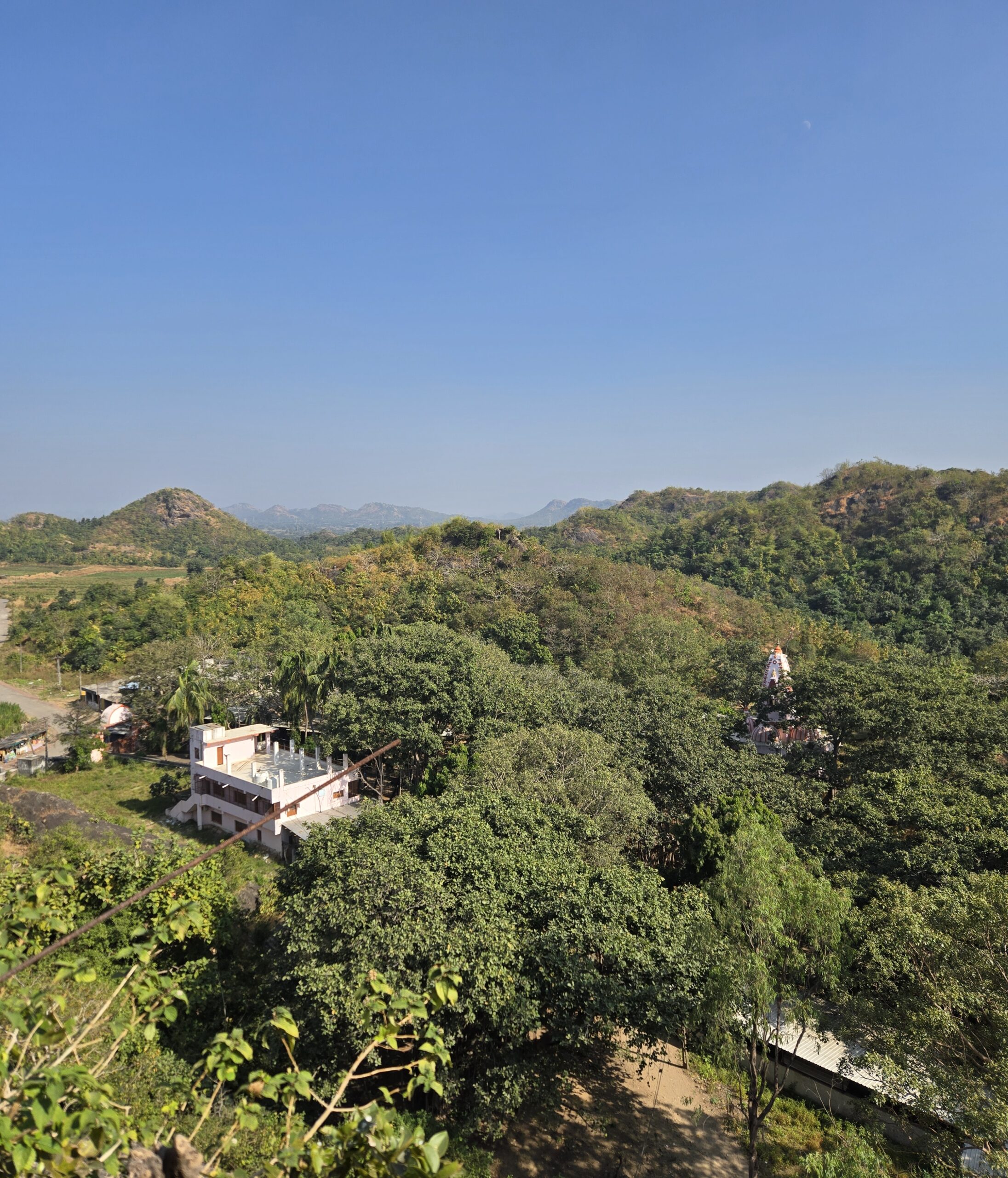 Green forest and ashram buildings viewed from Kadia Dungar